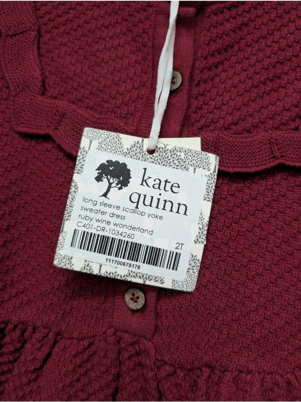 Kate Quinn Organic Cotton Sweater Ruffle Yoke Dress Ruby Wine Red 2T Christmas
